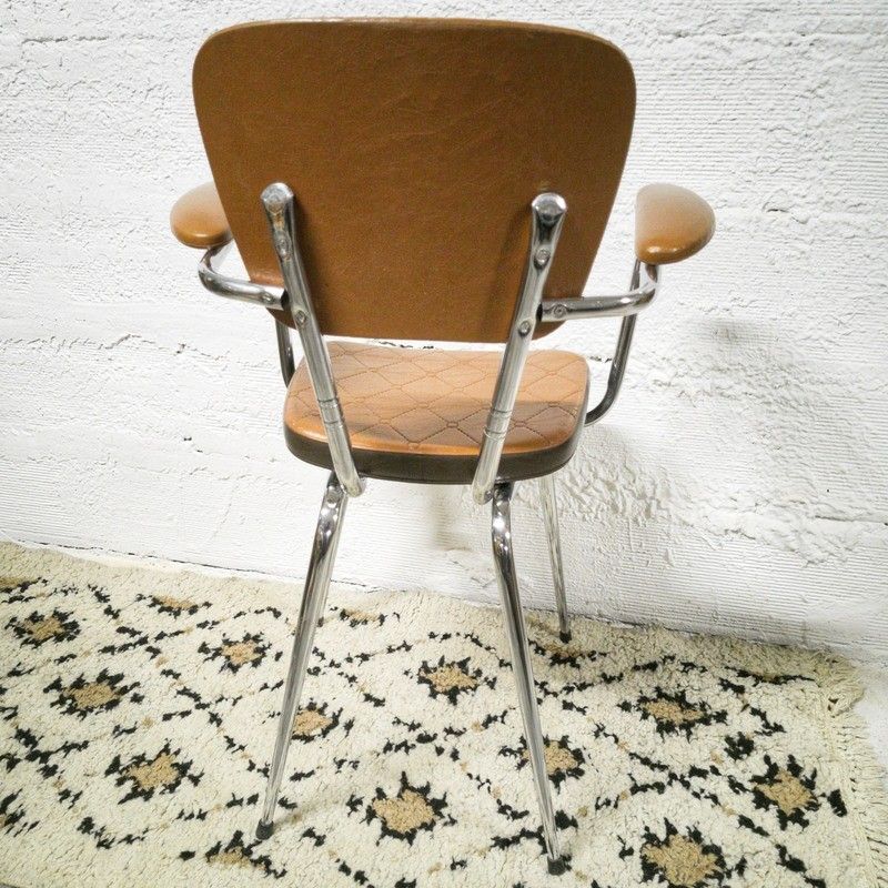Fauteuil Design Colette Gueden – Skaï Marron Clair – Années 50 – Rare, Métal Noir