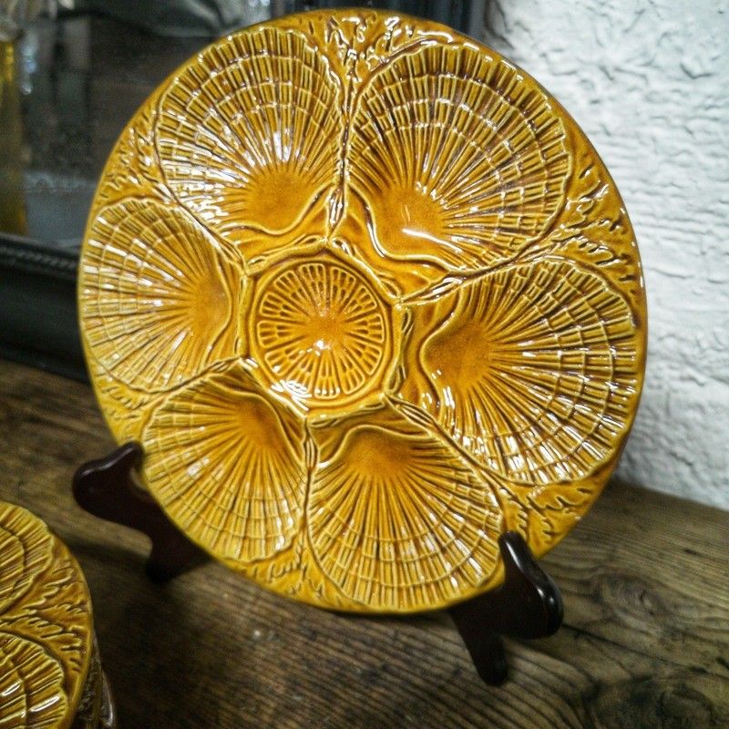 Lot De 5 Assiettes à Huîtres Anciennes – Weimar Allemagne, Porcelaine Fine, Bord Doré 24 Carats, XIXème