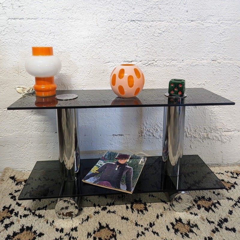 Tables gigognes vintage verre fumé et acier chromé