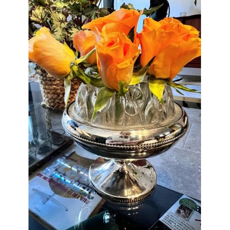 Bougeoir 3 Feux Vintage – Métal Argenté Et Verre – Pique-fleurs Central – Amovible