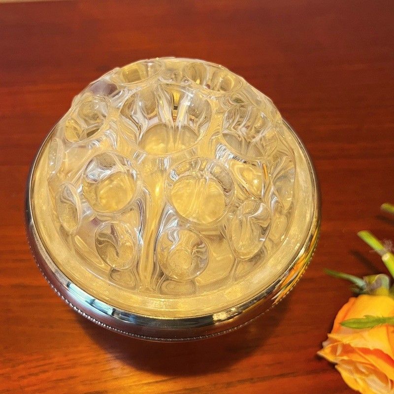 Bougeoir 3 Feux Vintage Avec Pique-fleurs Central - Verre Et Métal Argenté - Décoration Florale
