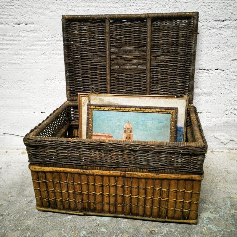 Malle En Osier Tressé 70 Cm - Rangement Déco Style Rétro - Panier Vintage