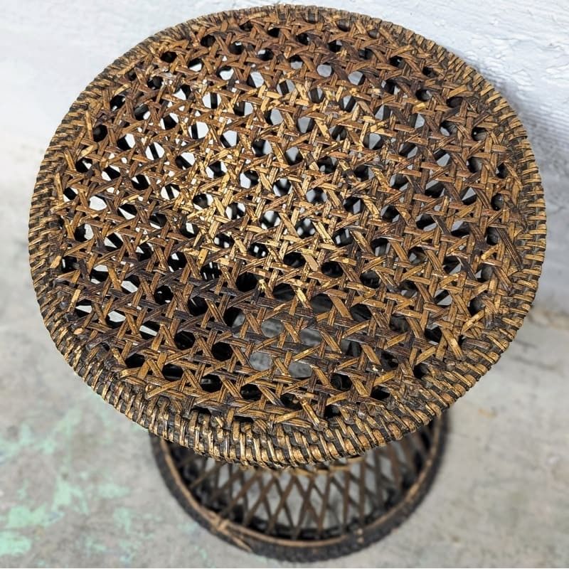 Tabouret / Pouf Vintage En Rotin - Marron - Hauteur 33 Cm