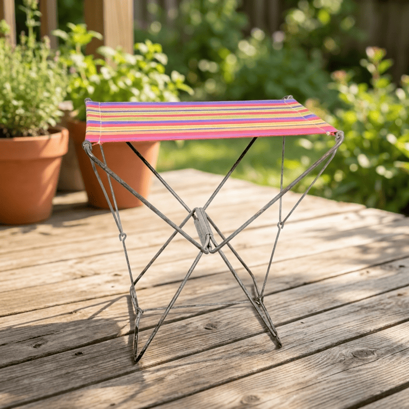 Tabouret pliant vintage toile motif bayadère | l'Atelier Imparfait