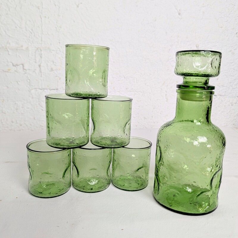 Service verre bullé vert vintage — carafe + 6 verres