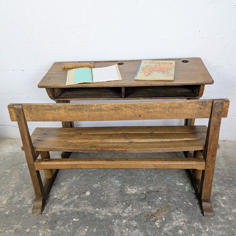 Pupitre d'école double et son banc en bois | L'Atelier Imparfait