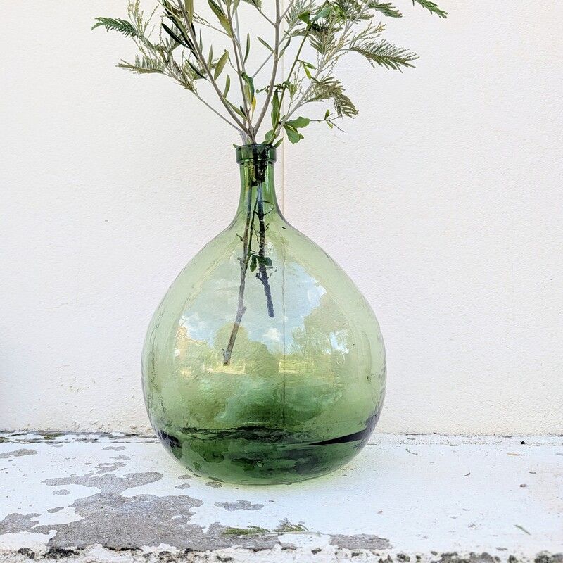 Dame-jeanne ancienne verre vert soufflé - 20 litres